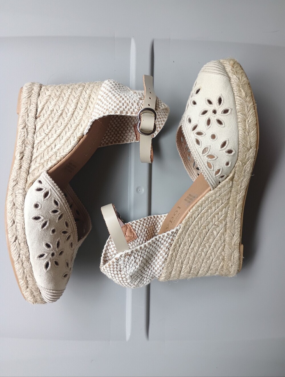 Cream-colored Maypol Beige Eyelet Canvas Espadrille Wedge Sandals Made in Spain - Picture 16 of 16